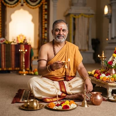 A priest seated before a puja thali with marigolds, brass vessels and a lit lamp, preparing for a ceremony