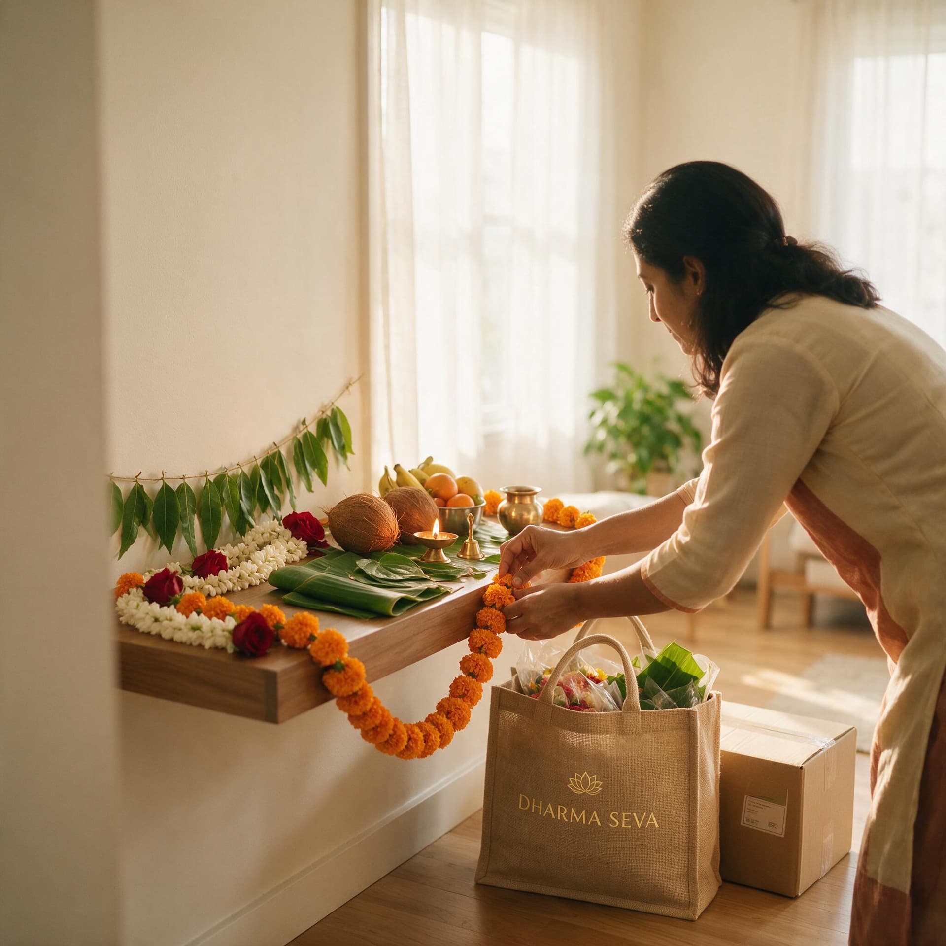 A woman hanging a marigold garland at a sunlit home altar set with coconuts, brass kalash, a lit diya, fruit and banana leaves, beside a Dharma Samagri jute bag and delivery box