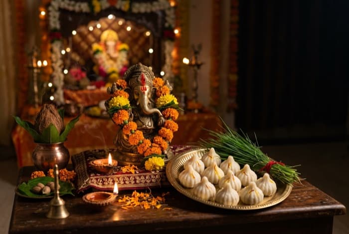 Ganesh Chaturthi pooja samagri arranged around a Ganesha idol