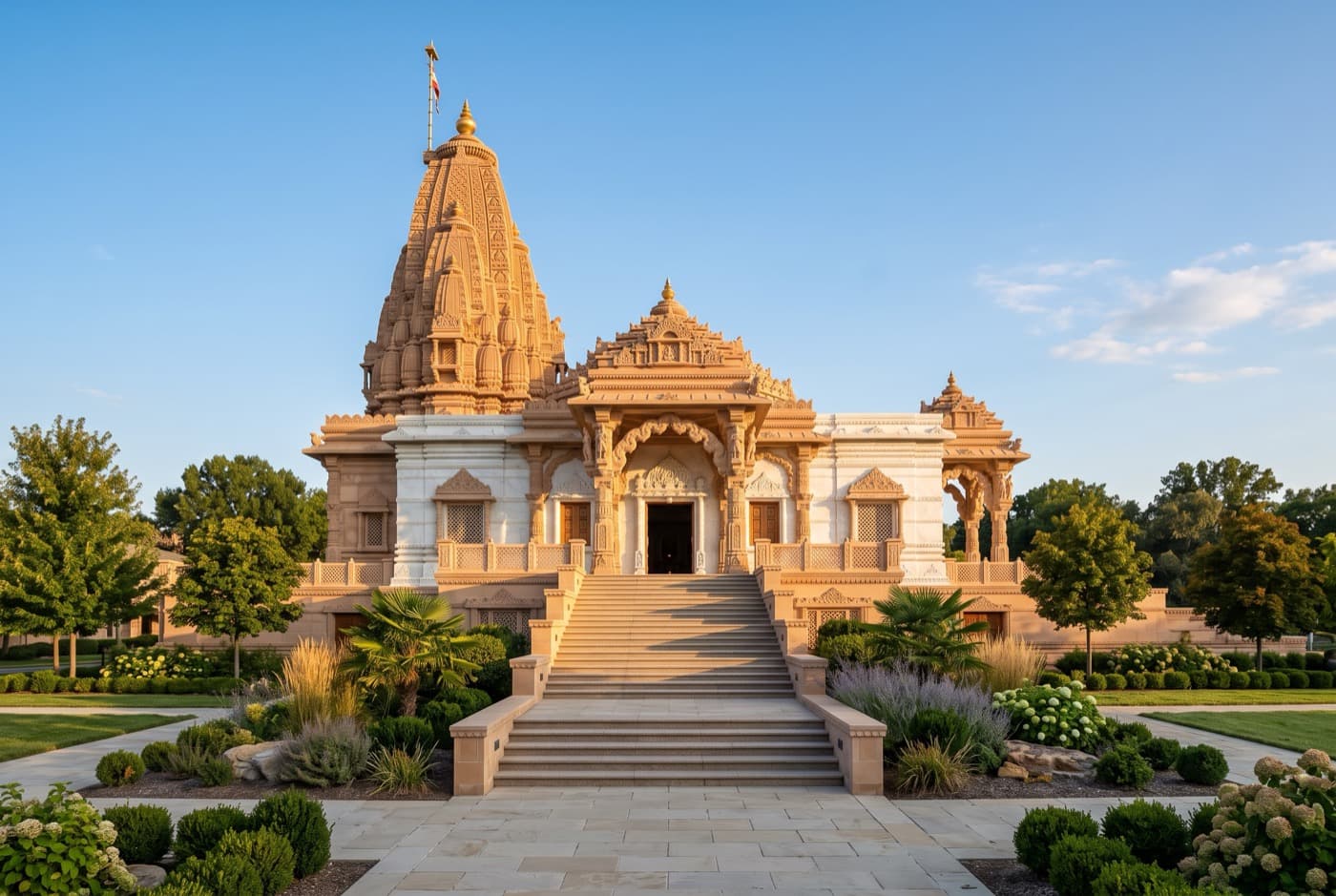 A Hindu temple in warm late-afternoon light